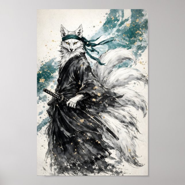 Affiche Kitsune Renard à Neuf Queues Samouraï Art à l'Encr (Devant)