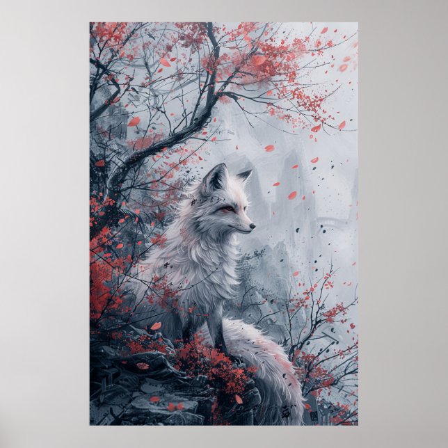Affiche  Kitsune Spirit – Japanese Fox in Blossom Forest (Devant)