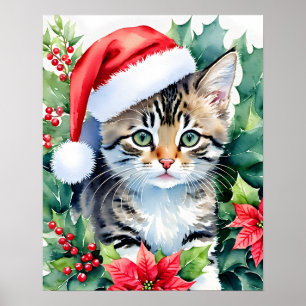 Affiche Kitten À Santa Hat Noël Aquarelle Art