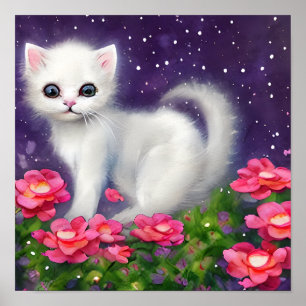 Affiche Kitten blanc entouré de fleurs