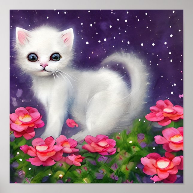 Affiche Kitten blanc entouré de fleurs (Devant)