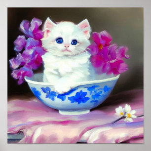Affiche Kitten blanc vintage aux fleurs roses