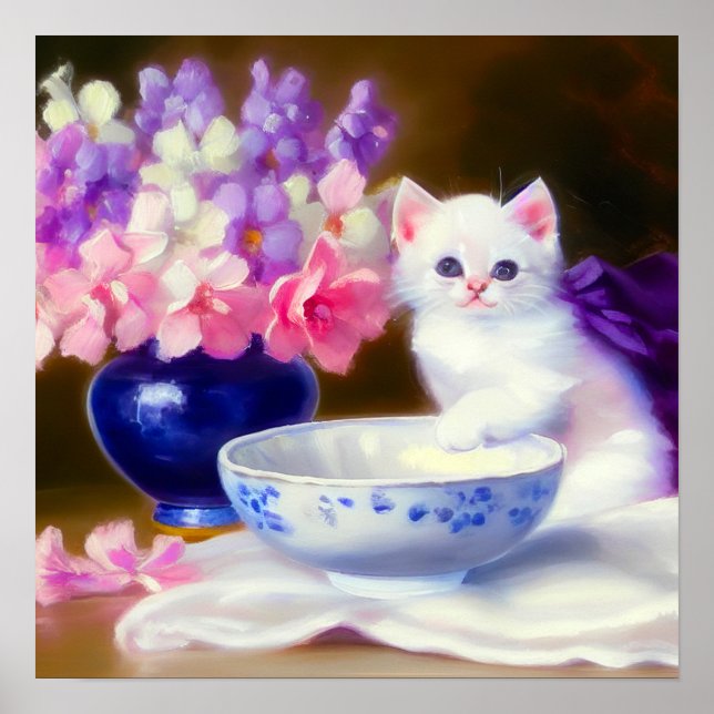 Affiche Kitten blanc vintage avec ruban violet (Devant)