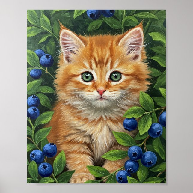 Affiche Kitten & Blueberries | Oil Painting Art (Devant)
