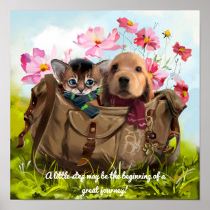 Affiche Kitten et chiot voyagent dans un sac