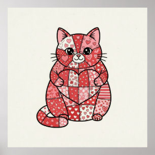 Affiche Kitten Fantaisiste en Patchwork Tenant un Coeur Ar