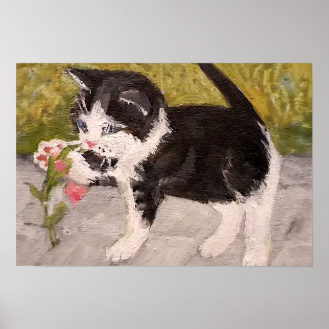Affiche Kitten Jouer avec Fleur rose (Devant)