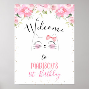 Affiche Kitten rose Floral Visage et Bow Anniversaire Bien
