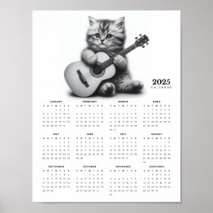 Affiche Kitten tenant la guitare acoustique 2025 Calendrie
