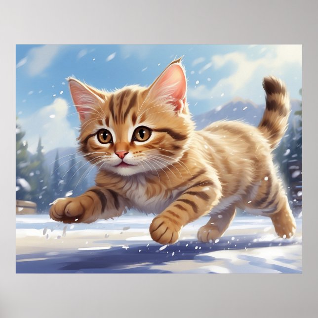Affiche *~* Kitty 5:4 Kitten Chat couchant NEIGE AP68 (Devant)