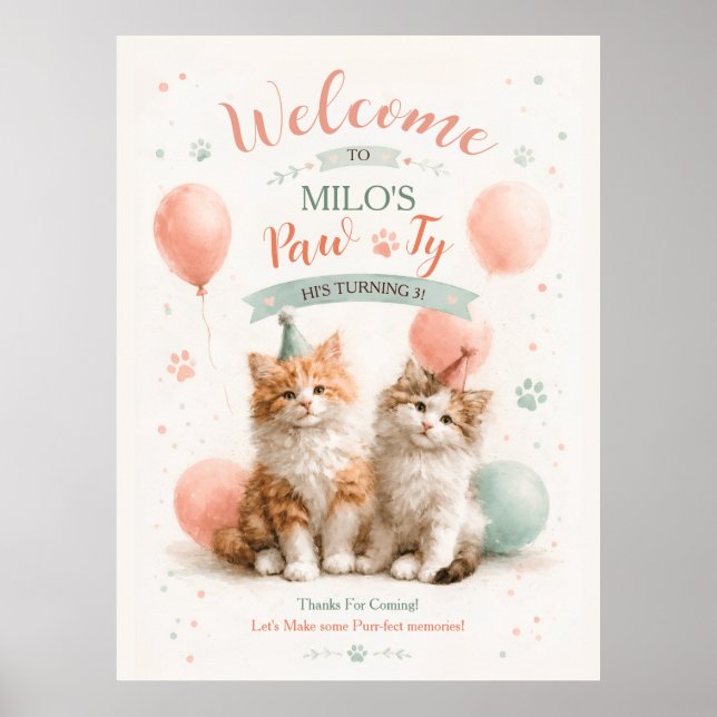 Affiche Kitty Anniversaire Chat Mignon Kit De Aquarelle (Devant)