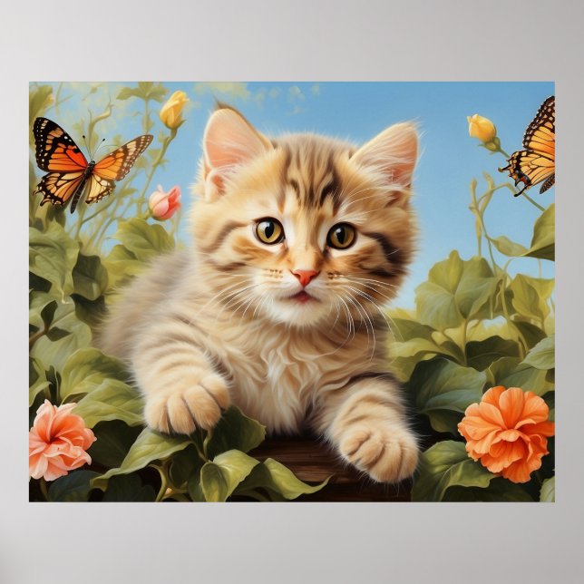 Affiche *~* Kitty Chat 5:4 Kitten Fleurs papillons AP68 (Devant)