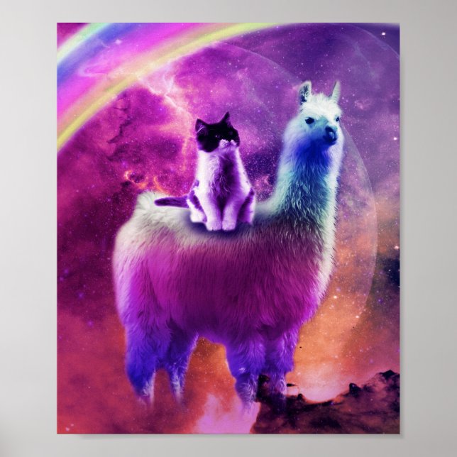 Affiche Kitty Chat Riding Sur Rainbow Llama Dans L'Espace (Devant)