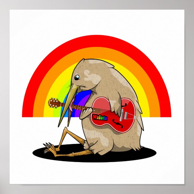 Affiche Kiwi oiseau jouant une guitare acoustique (Devant)