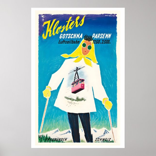 Affiche Klosters Gotschna Parsenn Luftseilbahn Vintage Ski (Devant)