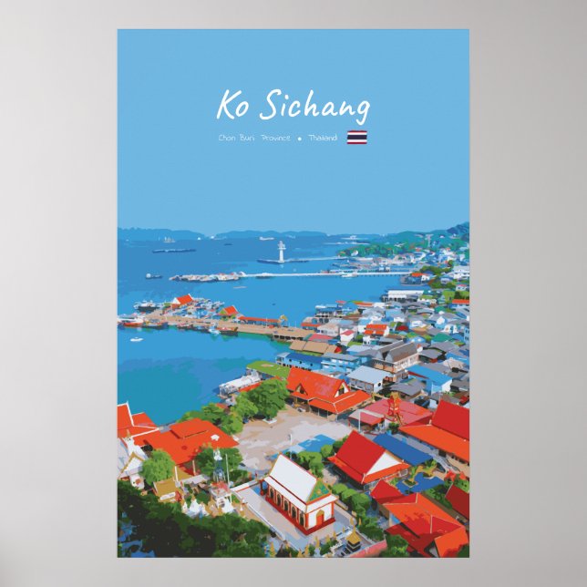 Affiche Ko Sichang, Thaïlande - Vue animée du port (Devant)