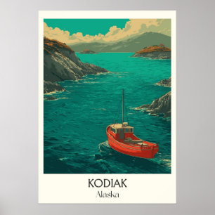 Affiche Kodiak Ville Côtière d'Alaska Bateau Rouge