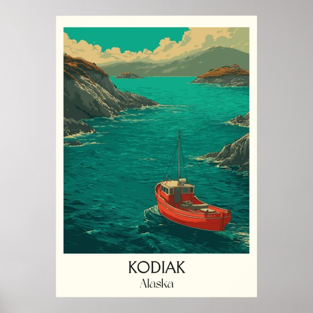 Affiche Kodiak Ville Côtière d'Alaska Bateau Rouge (Devant)