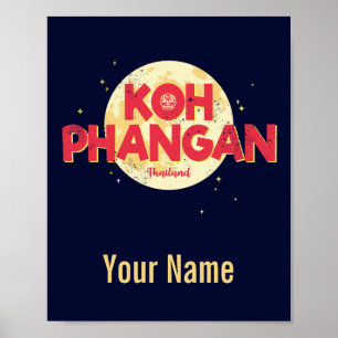 Affiche Koh Phangan avec la lune vintage île Thaïlande