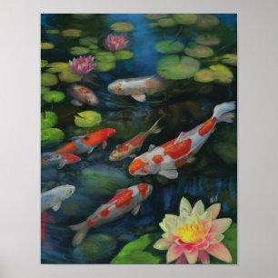 Affiche Koi Fish Swimming Lotus Flower Pond Zen Painting