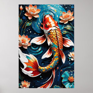 Affiche Koi vibrant et de belles fleurs scène aquatique
