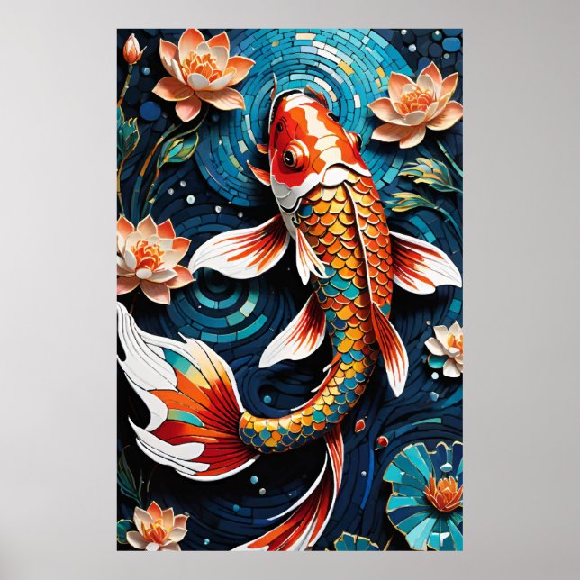 Affiche Koi vibrant et de belles fleurs scène aquatique (Devant)
