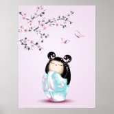 Affiches Poupée blanche Kimono Kokeshi - mignonne Geisha Gi