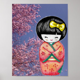 Affiche Kokeshi Doll Sakura Cherry Blossoms Imprimer Poste