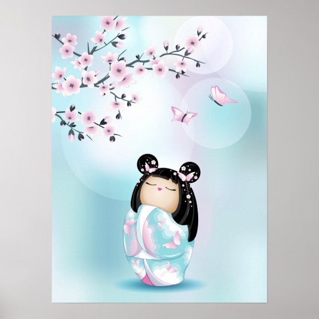 Affiche Kokeshi Poupée Cerisier Fleurs Turquoise Filles (Devant)