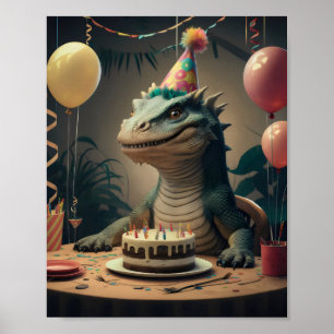Affiche Komodo Dragon assis à table avec un gâteau d'anniv