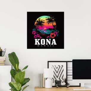 Affiche Kona Hawaï Fleurs d'Hibiscus Hawaïen Surfeur
