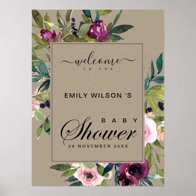 AFFICHE KRAFT BLUSH BURGUNDY BABY SHOWER FLORAL BIENVENUE (Devant)