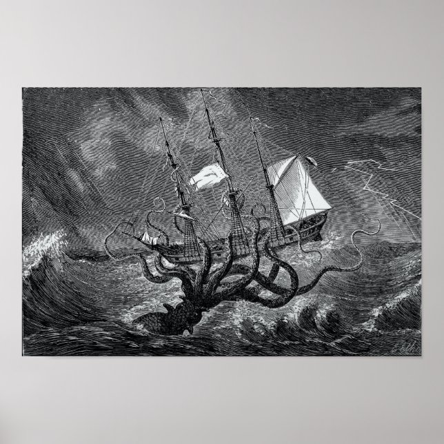 Affiche Kraken Attacking Ship vintage etching (Devant)