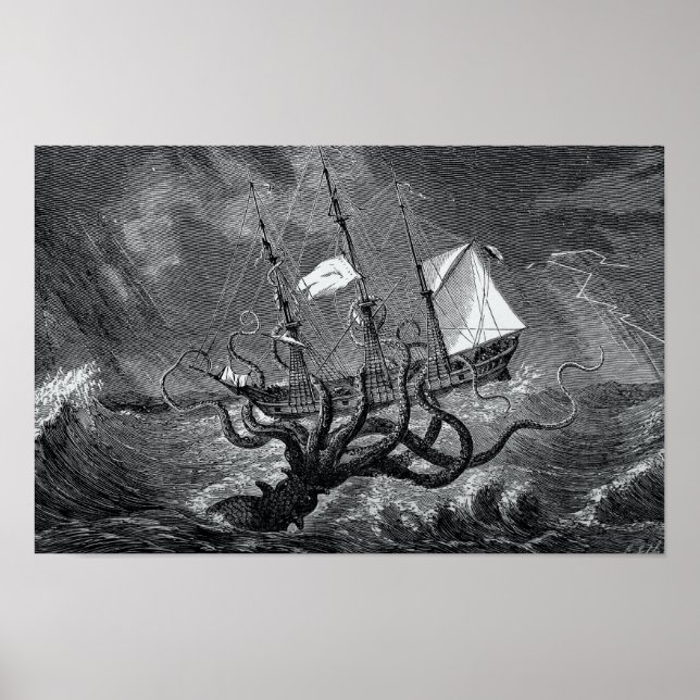 Affiche Kraken Attacking Ship vintage etching (Devant)