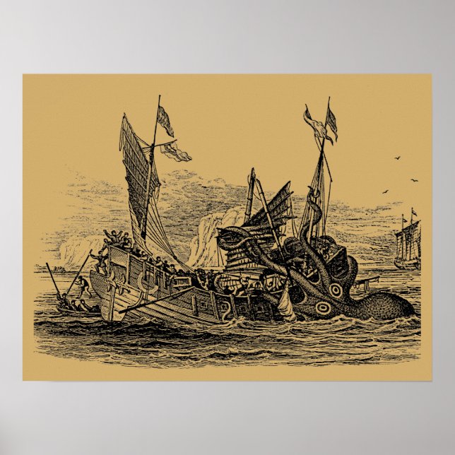 Affiche Kraken Attaques Navire Steampunk Vintage (Devant)