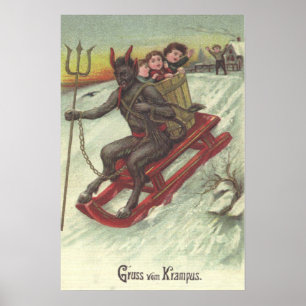 Affiche Krampus enlève des enfants avec sa fourche de traî