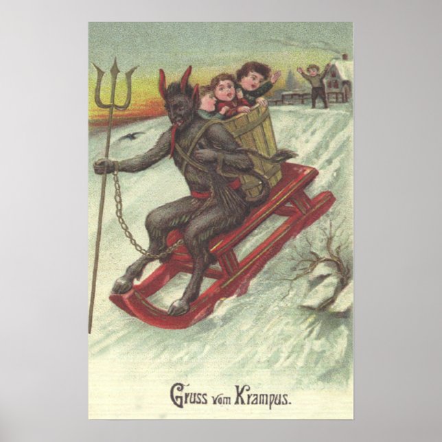 Affiche Krampus enlève des enfants avec sa fourche de traî (Devant)