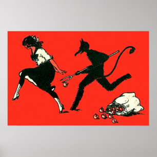 Affiche Krampus rouge poursuivant une femme avec des pomme