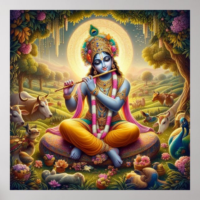 Affiche Krishna Art de la Flûte Dorée Divine (Devant)