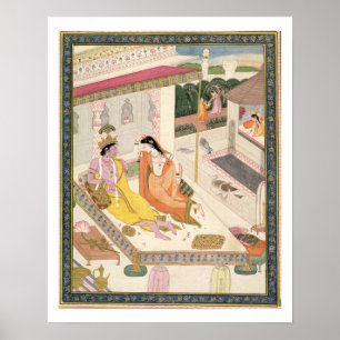 Affiche Krishna et Radha sur un lit dans un palais de