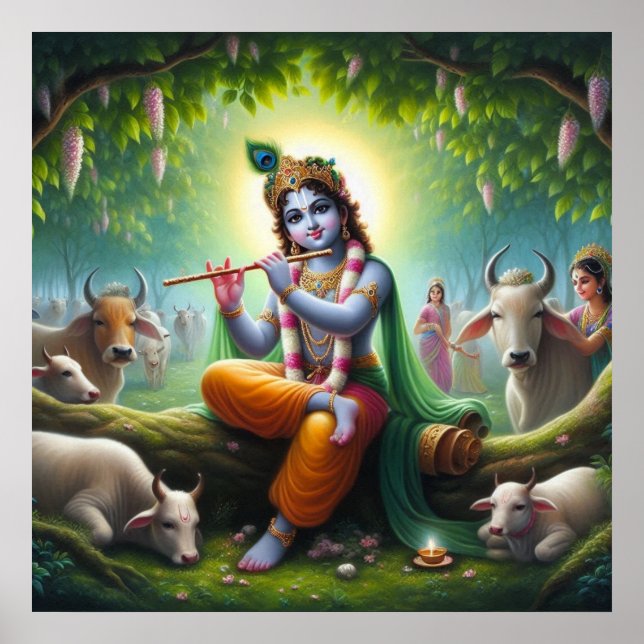 Affiche Krishna jouant de la flûte sous l'arbre Kadamba (Devant)