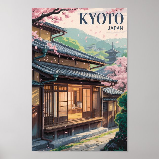 Affiche Kyoto Japan House Illustration Travel Art Vintage (Devant)