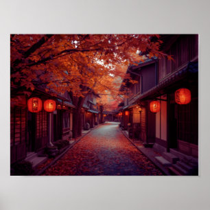 Affiche Kyoto rue d'automne avec lanternes - Eau japonaise