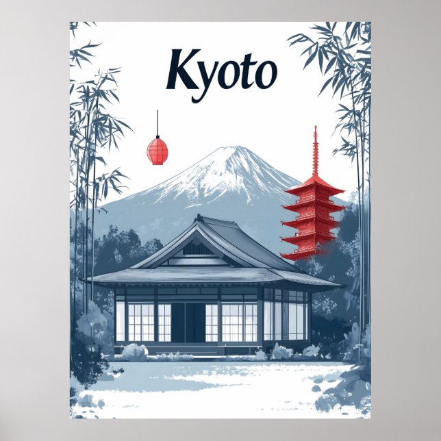 Affiche Kyoto : Temple japonais, Pagode et Montagne (Devant)