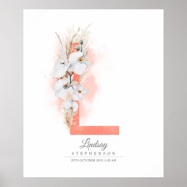 Affiche L Lettre Monogramme Orchidées Blanches et Herbe de (Devant)