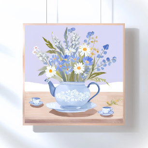 Affiche La bouilloire en fleurs   Peinture de thé à l'aqua