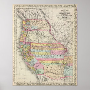 Affiche La Californie, Orégon, Washington, Utah, Nouveau