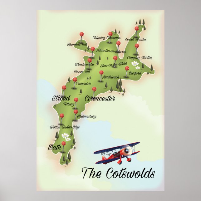 Affiche La carte vintage des Cotswolds (Devant)