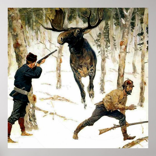 Affiche La chasse à l'orignal par Frederic Remington (Devant)