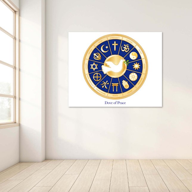 Affiche La colombe de la paix (Dove of Peace Poster
Horizontal version with "Dove of Peace" title. Gold icons of world faiths.)